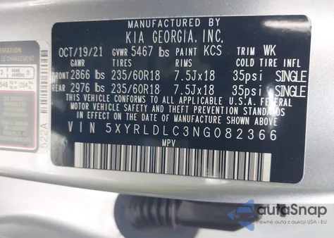 2022 Kia Sorento X-Line S z USA, uszkodzony, nr VIN 5XYRLDLC3NG082366